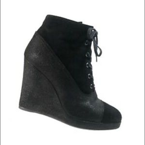 Stuart Weitzman lace up black suede wedge booties